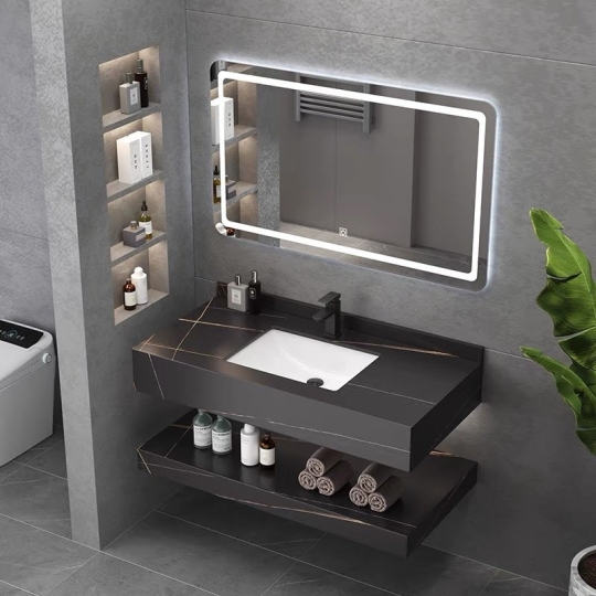 Bàn đá Lavabo 2 tầng chống trầy màu đen SABD71