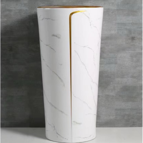 Lavabo trụ đứng tròn trắng vân mây chỉ vàng SA5133