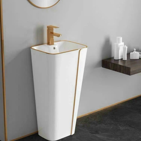 Lavabo trụ đứng vuông trắng chỉ vàng SA5126