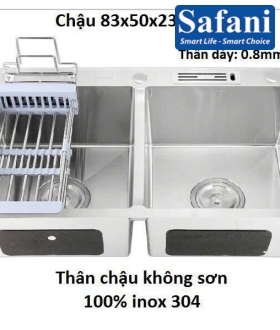 Chậu rửa chén 2 hộc đều có kèm chỗ dắt dao thớt 83x50cm C8350