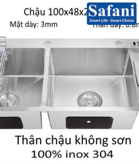 Chậu rửa chén 2 hộ đều, kèm dắt dao thớt và hố rác 100x48cm mã C28
