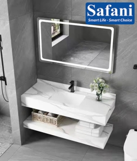 Bàn đá Lavabo 2 tầng chống trầy màu trắng SABD70